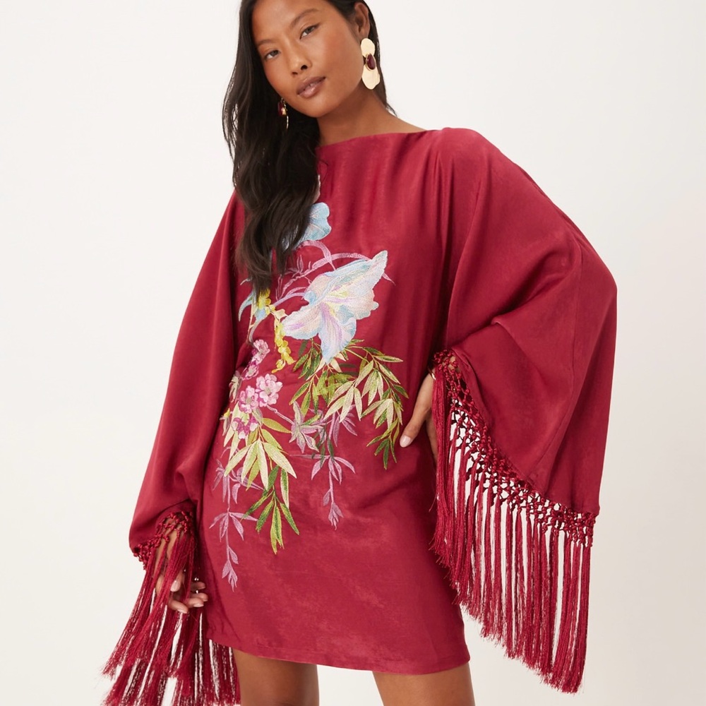 ASOS Petite Burgundy Floral Fringe Dress
